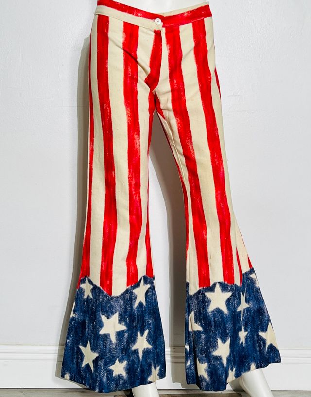 1970's Hand Painted American Flag Low Rise Hip Hugger Flare Pants