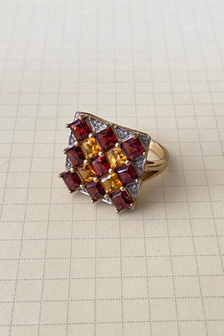 Vintage 10K Gold Cocktail Ring Checkerboard Citrine and Garnet Selected by The Curatorial Dept.