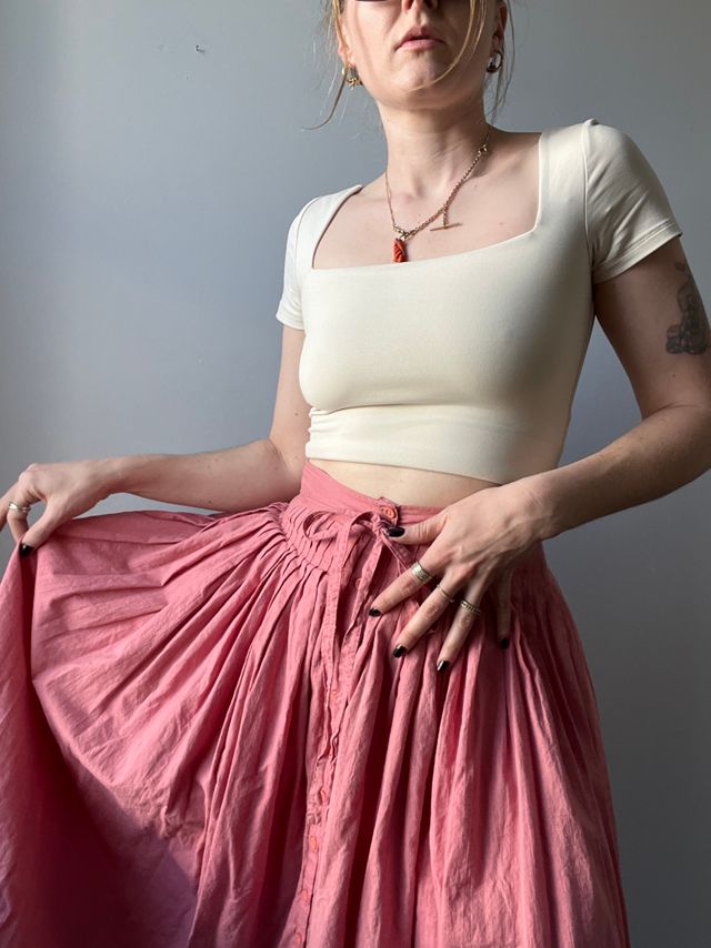 Vintage 1970's Pink Button Up Midi Skirt Selected by Honey Cycle