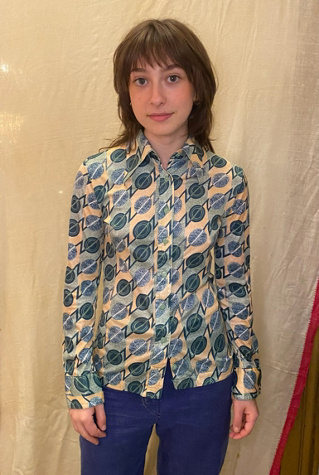 70s Green and Peach Swirl Patterned Button Up Selected by Nomad Vintage 