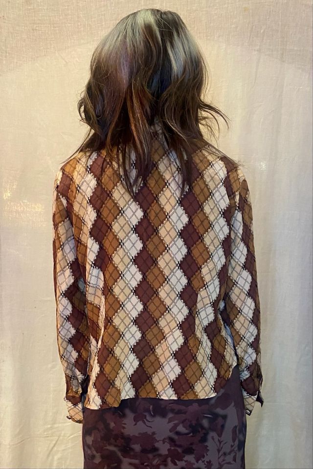 70’s Geometric Diamond Plaid Print Button Up Blouse Selected by Nomad Vintage #1