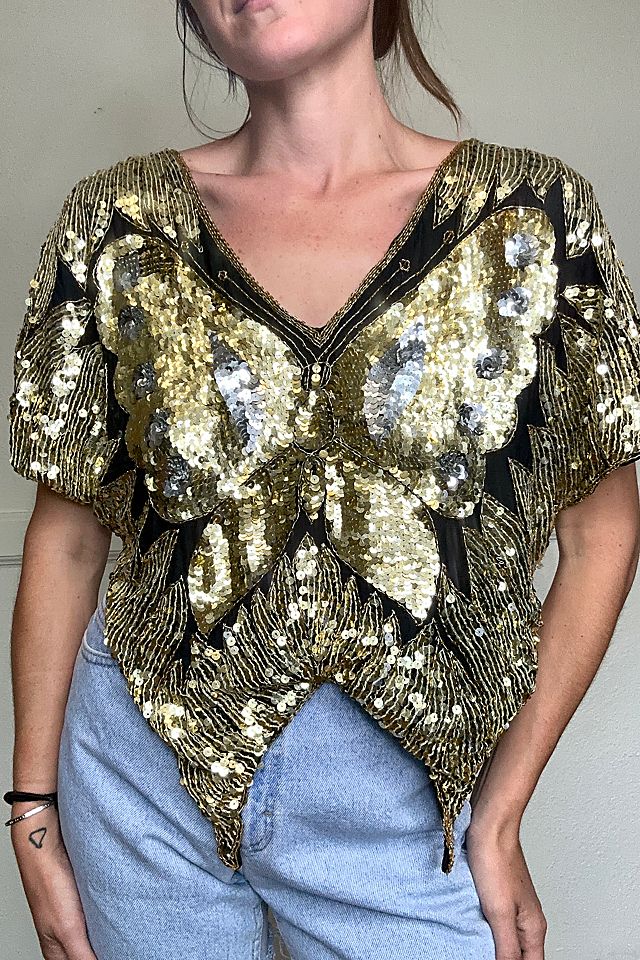 1970s Gold Sequin Butterfly Top Selected by Cherry