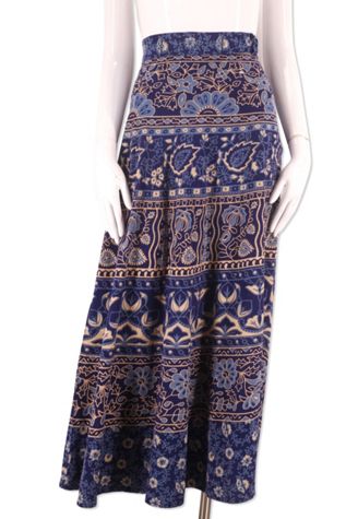 1970s Navy Block Print Cotton Midi Skirt Selected By Ritual Vintage