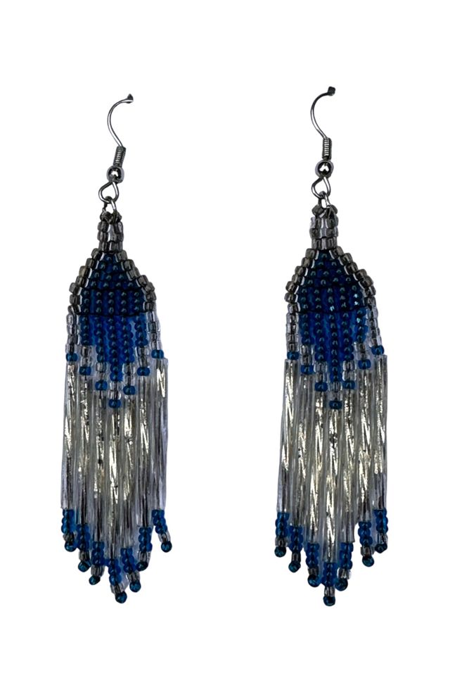 Hand Beaded Blue 2024 and Silver Fringe Earrings