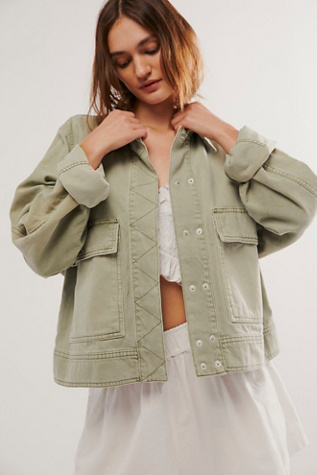 Suzy Denim Jacket at Free People in Mermaid Green, Size: Large