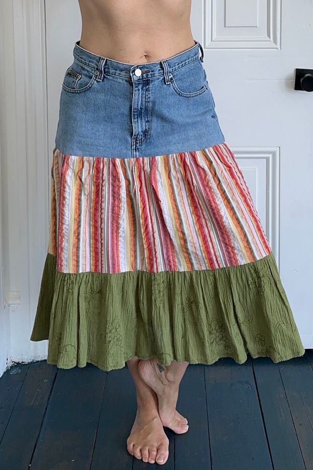 Denim and Fabric Prairie Style Midi Skirt Selected by KA.TL.AK