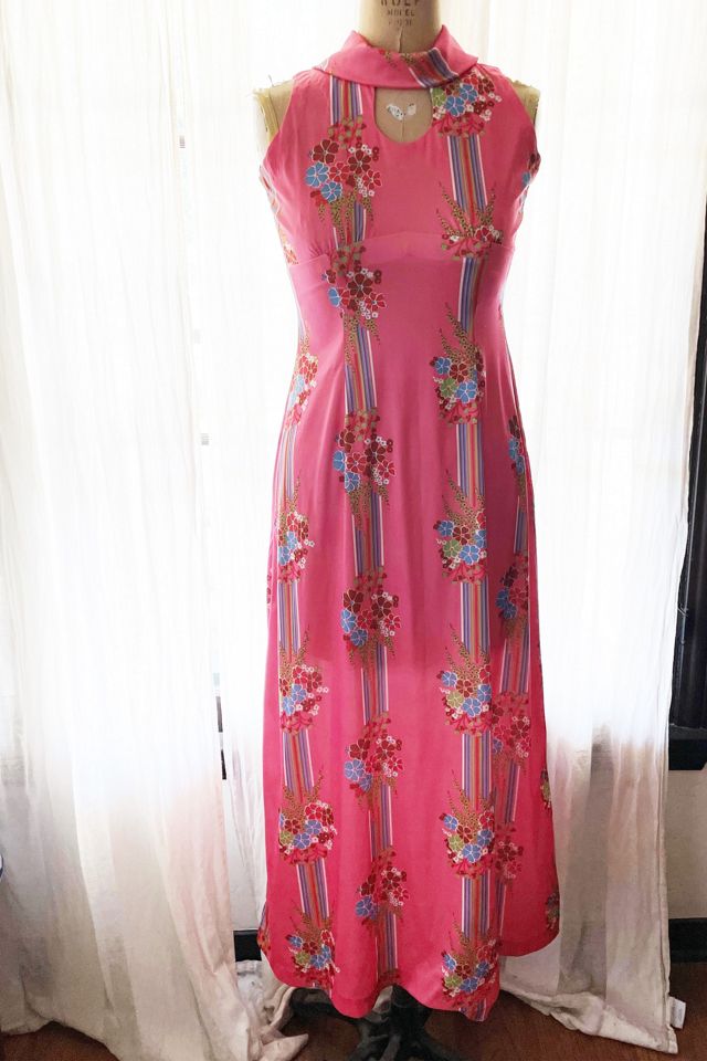 Vintage 1970's Coral Pink Floral Maxi Dress Selected by FernMercantile #2