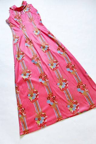 Vintage 1970's Coral Pink Floral Maxi Dress Selected by FernMercantile