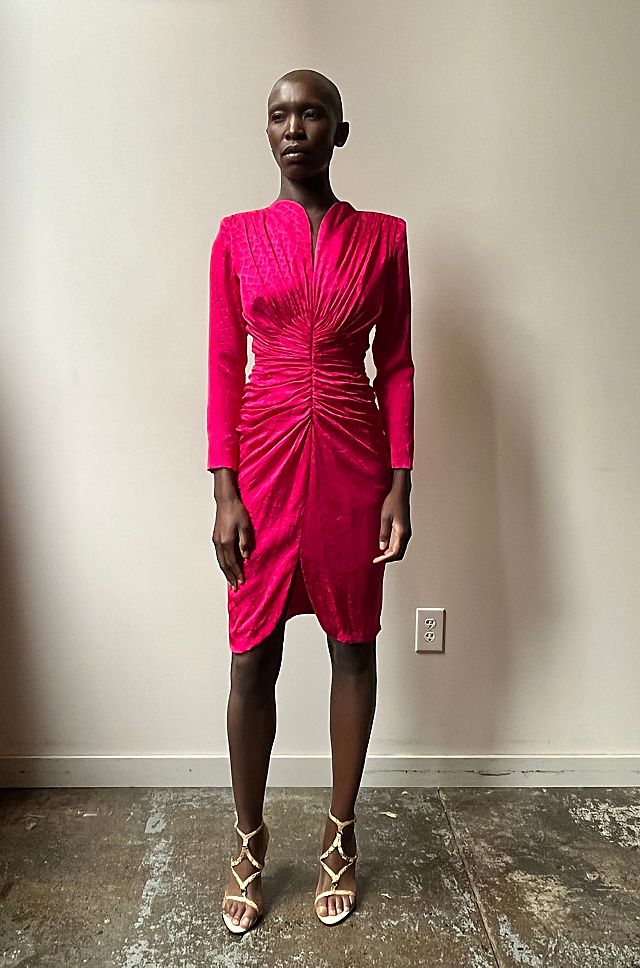 pink silk dress vintage 1970'S SATIN LONG W RUFFLED PUFF SLEEVES + SLIT FRONT low cut Flattering gathered bust Zipper closure up the back Slight stretch Straps have been taken up slightly Vintage 60s Malcolm Starr Elinor