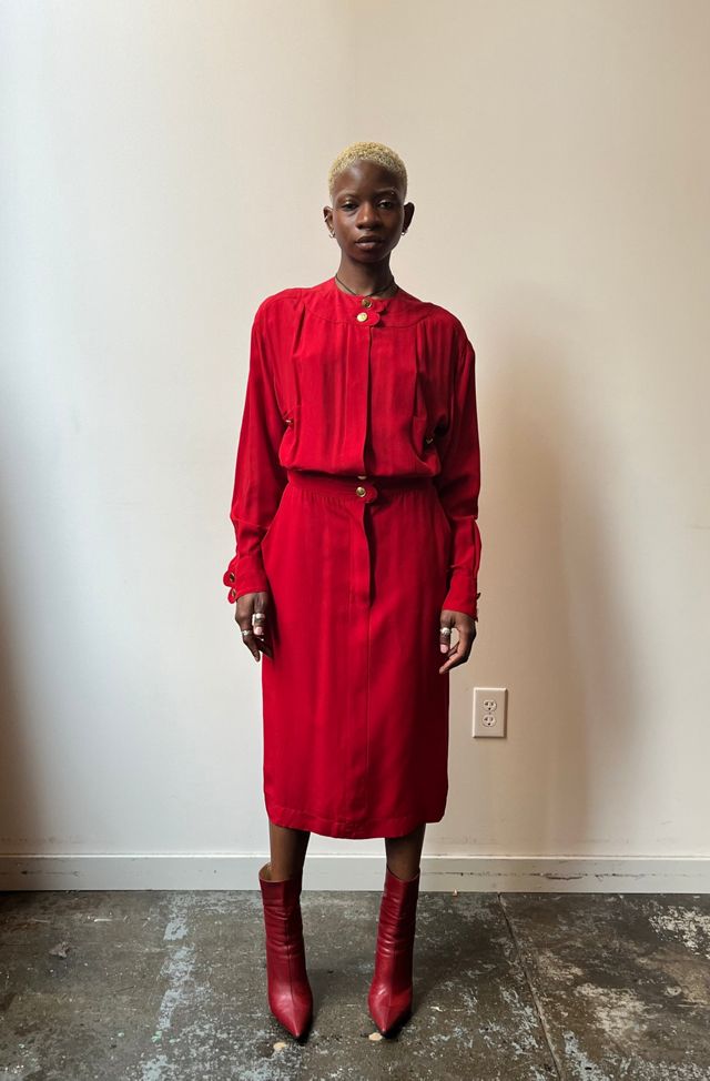 Chanel Red Silk Pleated Back Dress Selected by Moore Vintage