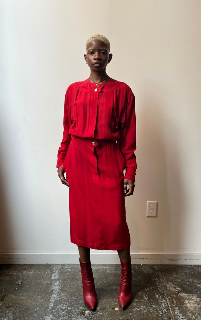 Chanel Red Silk Pleated Back Dress Selected by Moore Vintage Archive