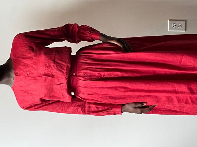 Calvin Klein Red Linen Pleated Skirt Set Selected by Moore Vintage Archive
