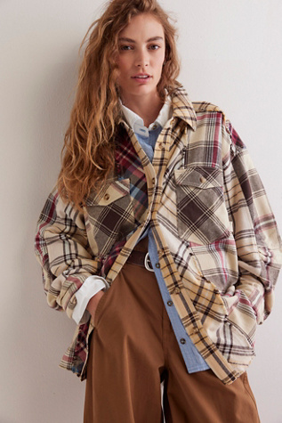 We The Free Patched Up Plaid Shirt at Free People in Oatmeal Combo, Size: Large