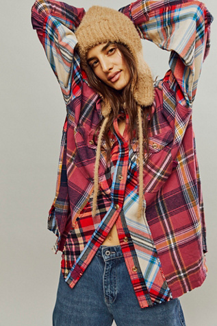 We The Free Patched Up Plaid Shirt at Free People in Berry Combo, Size: XL