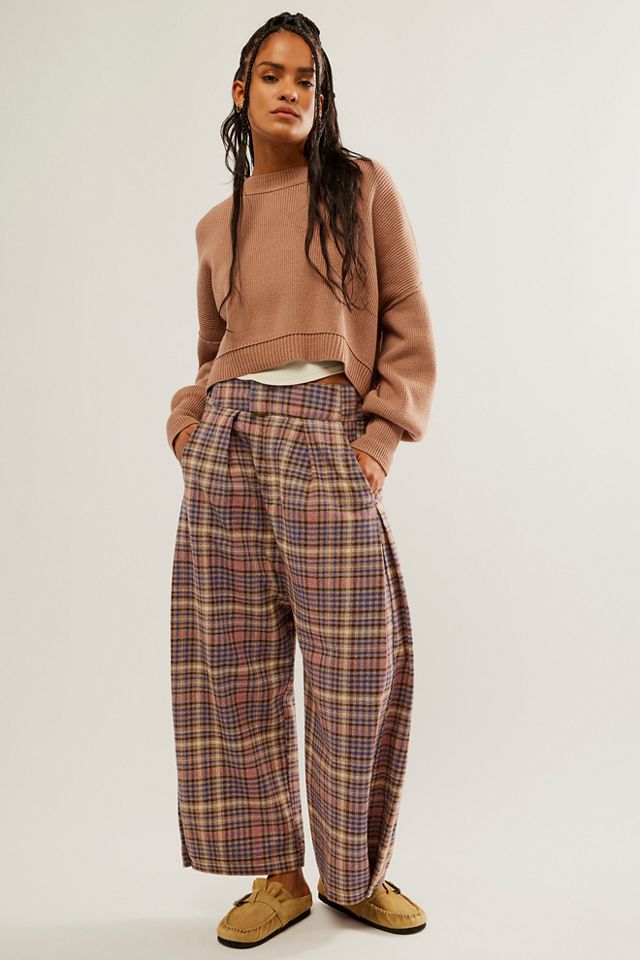 Free People X CP Shades Wide Leg Double Cotton Gauze Pants XS Plaid Brown