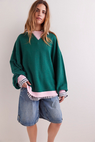 Classic Crew Colorblock Sweatshirt By We The Free At Free People In Uncut Emerald Combo, Size: Large