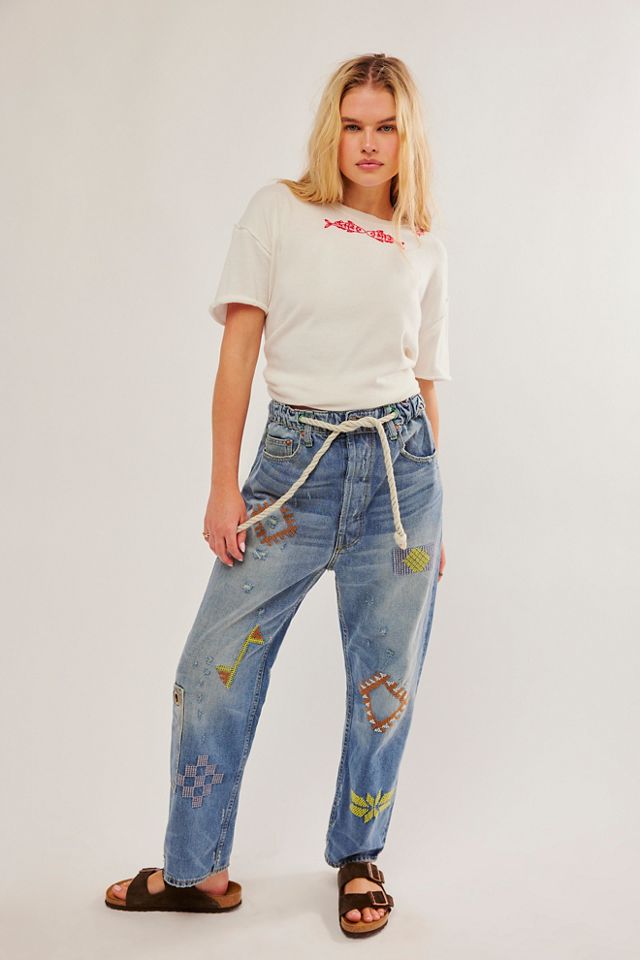 Embroidered Loose Fit Turn Up Jeans