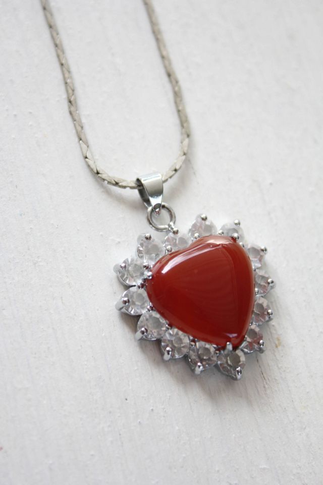 Vintage Carnelian Rhinestone Heart Pendant Necklace Selected By Moons + Junes Vintage #1