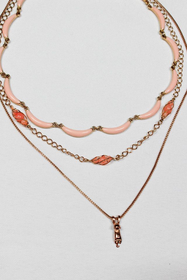 1980s Coral Cat Gold Layered Necklace Set Selected By Moons + Junes Vintage #2