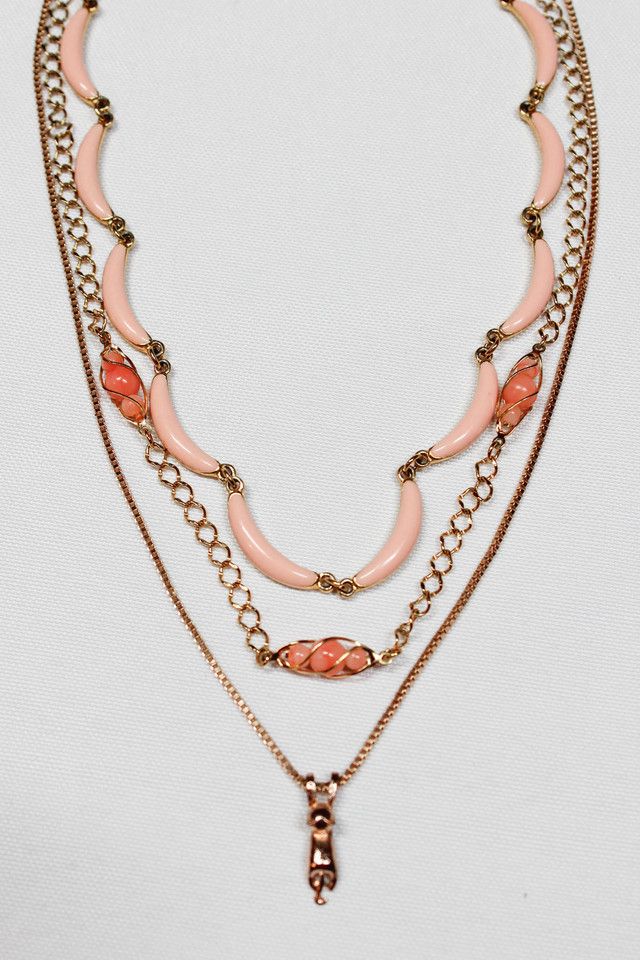 1980s Coral Cat Gold Layered Necklace Set Selected By Moons + Junes Vintage #3
