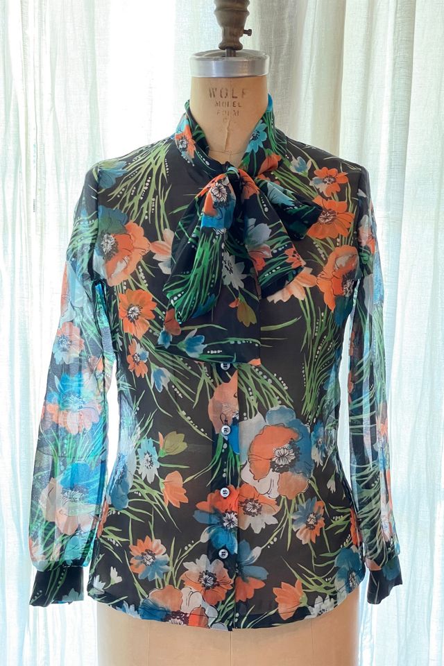 Vintage Black Floral Pussy Bow Blouse Selected by FernMercantile | Free ...
