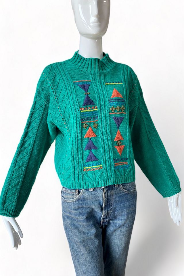 80s Embroidered Cable Knit Cotton Crop Sweater Selected by
