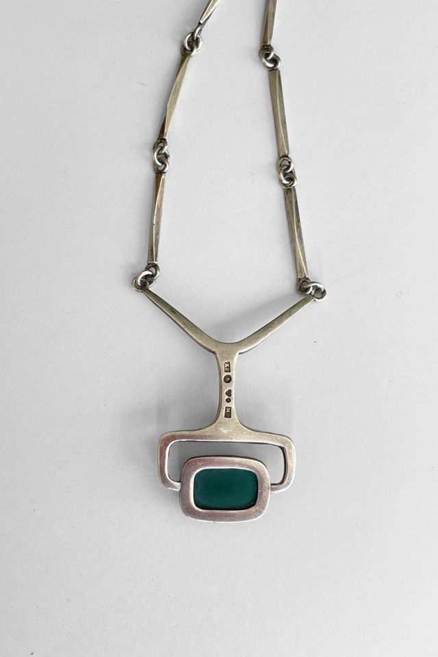 Vintage 1962 Signed Åke Stavenow Mid-Century Modernist Sterling Silver Malachite Necklace #2