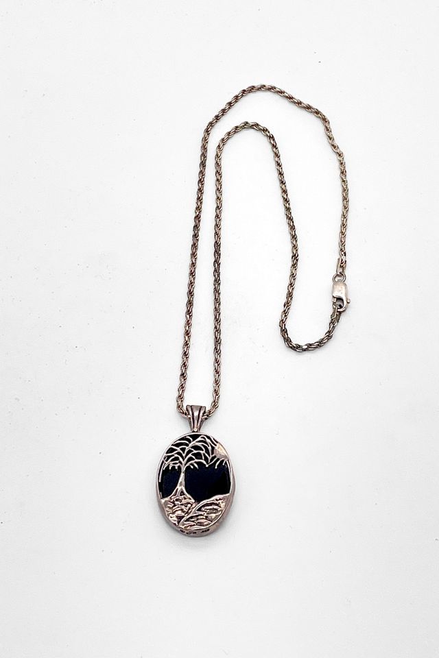 Vintage Sterling Silver and Obsidian Spooky Tree Pendant Necklace Selected by MARMALADE #1