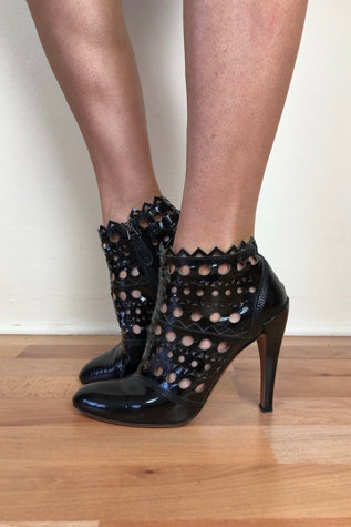 Vintage Alaïa Black Patent Leather Cutout Heeled Booties Selected by Picky Jane