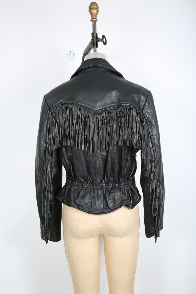 80s 90s Vintage Black Leather Motorcycle Jacket with Fringe