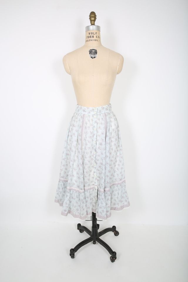 Vintage blue white plaid floral cottagecore midi button hotsell skirt 12