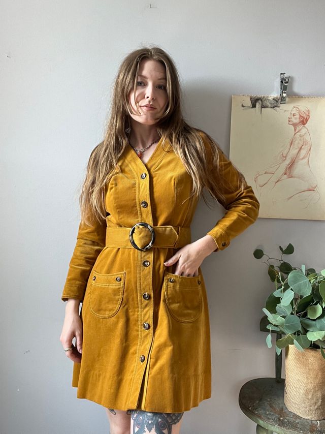 Vintage 1970's Mustard Yellow Corduroy Mini Dress Selected By Honey