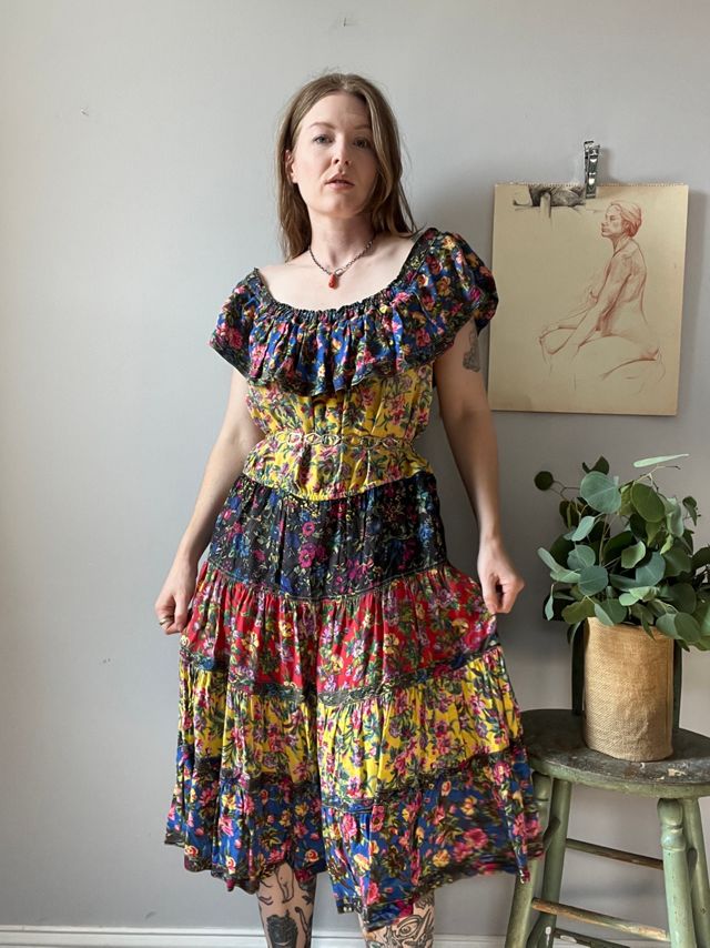 Vintage 1980's Floral Ruffle Dress Selected By Honey Cycle Vintage