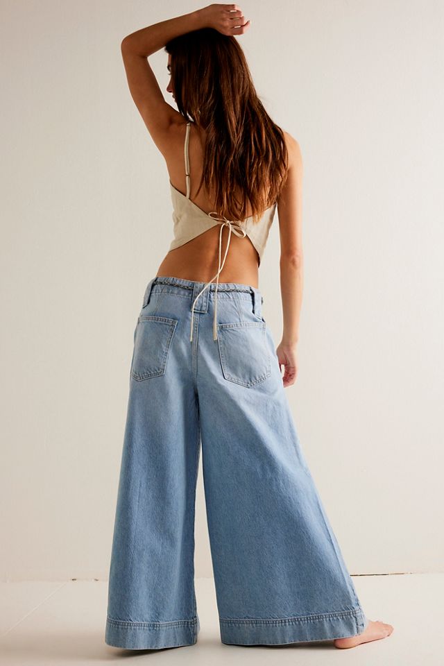 Free People Sheer Luck Denim Seam Detail Cropped Wide Leg Jeans