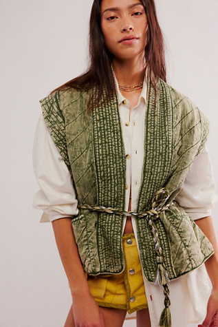 Maggie Denim Waistcoat Jacket by Llani at Free People in Olive, Size: Medium