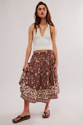 In Full Swing Printed Midi Skirt at Free People in Chocolate Combo, Size: Small