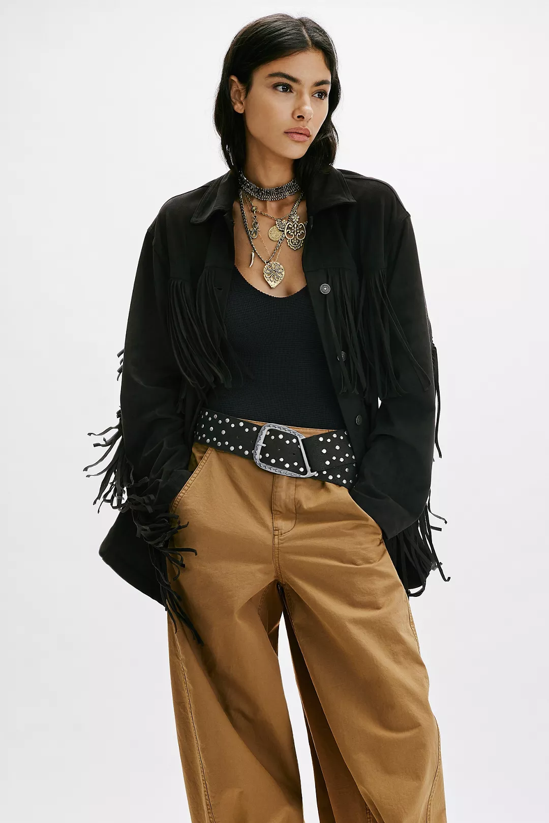 Free People black Fringe Out Vegan Suede Jacket