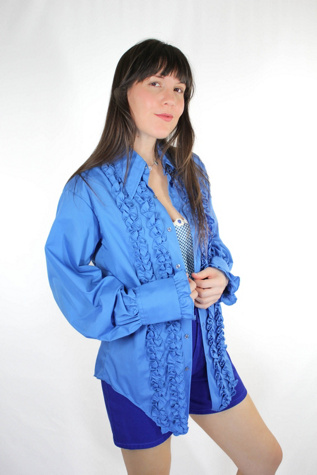 Vintage Blue Ruffle Tuxedo Button Down Selected By Moons + Junes Vintage