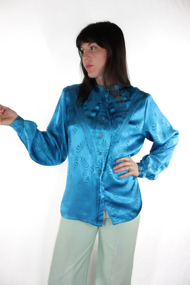 1980s Silky Pleated Blue Blouse Selected By Moons + Junes Vintage