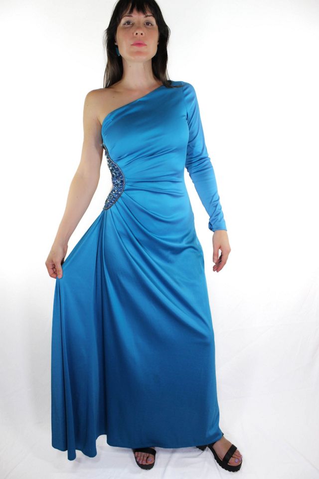 1970s One-Shoulder Blue Satin Sequin Gown Selected By Moons + Junes Vintage