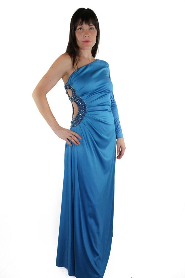 1970s One-Shoulder Blue Satin Sequin Cutout Gown Selected By Moons + Junes Vintage #1