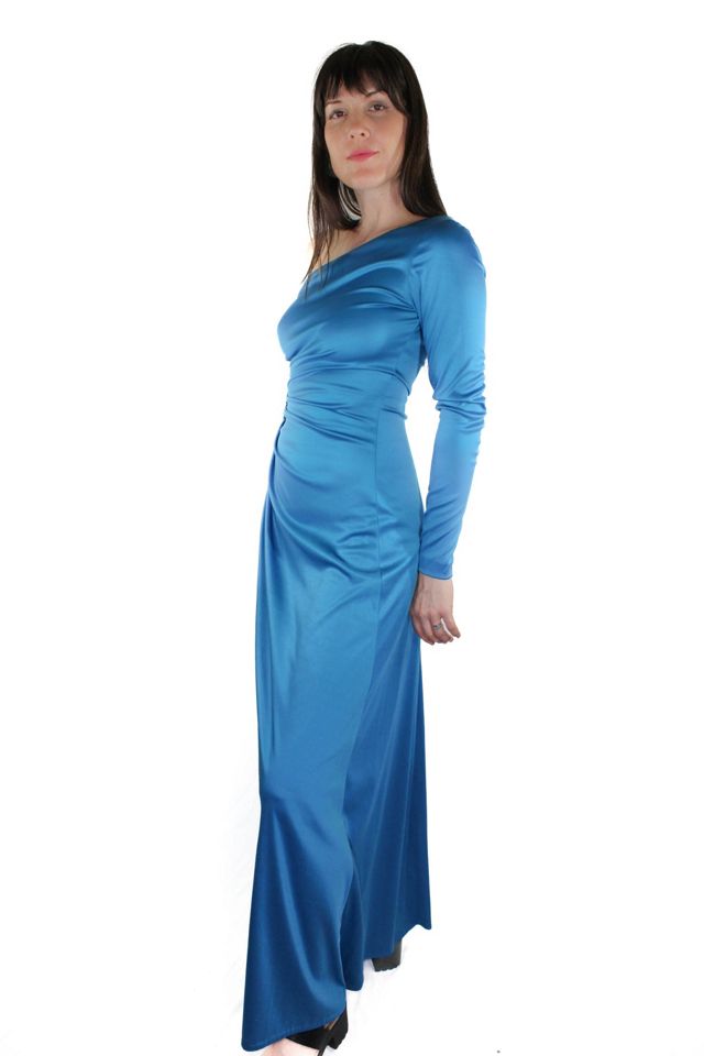 1970s One-Shoulder Blue Satin Sequin Cutout Gown Selected By Moons + Junes Vintage #2