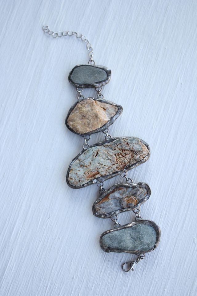 Handmade Vintage Natural Agate Silver Edge Multi-Stone Bracelet Selected By Moons + Junes Vintage #1