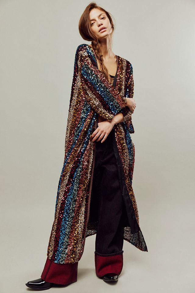 Free People Light Is Coming Embellished Sequin Kimono Duster Jacket