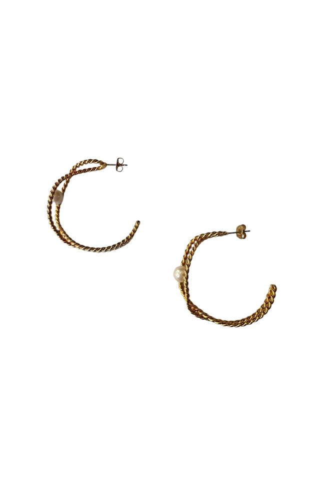 Vintage 1980's Gold Tone Twisted Rope Faux Pearl Hoops Selected By Afterlife Boutique #1