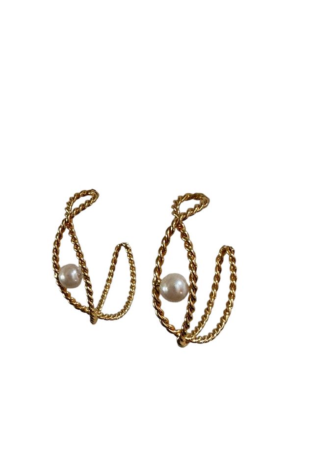 Vintage 1980's Gold Tone Twisted Rope Faux Pearl Hoops Selected By Afterlife Boutique #2