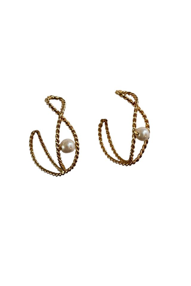Vintage 1980's Gold Tone Twisted Rope Faux Pearl Hoops Selected By Afterlife Boutique #3