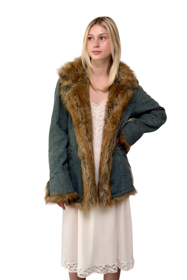Vintage Early y2k 2000s Fur Jacket Lined Faded Denim Snap Button Up Jacket  S M