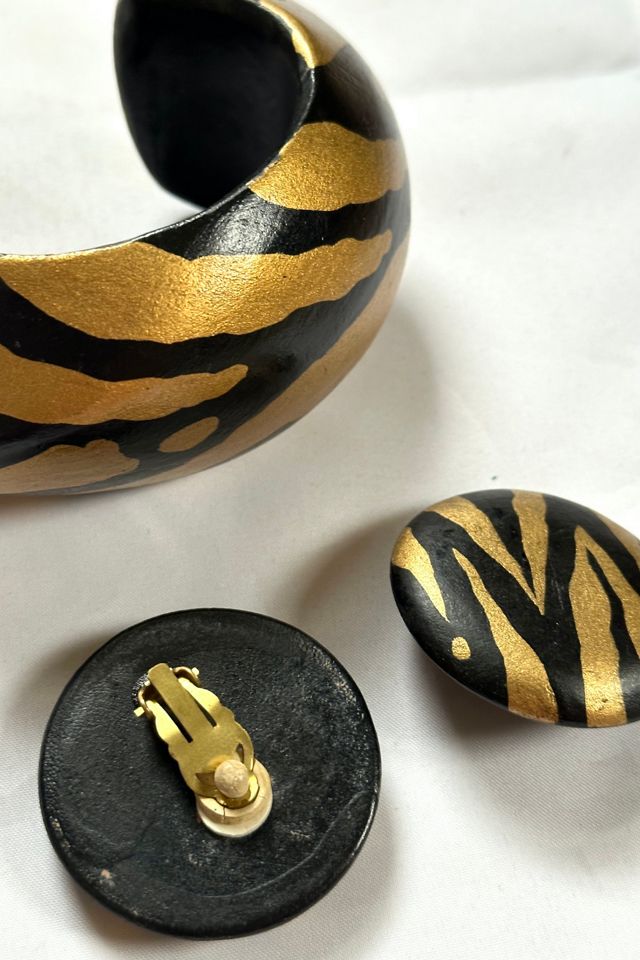 1990s Tiger Painted Wood Bracelet & Earring Set Selected by Cherry #1