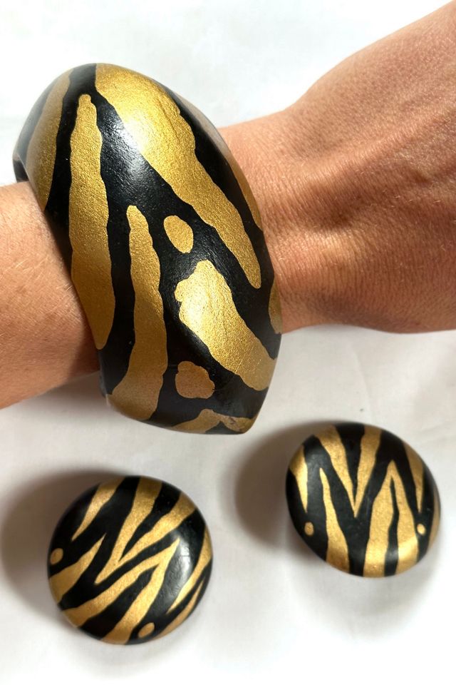 1990s Tiger Painted Wood Bracelet & Earring Set Selected by Cherry #2